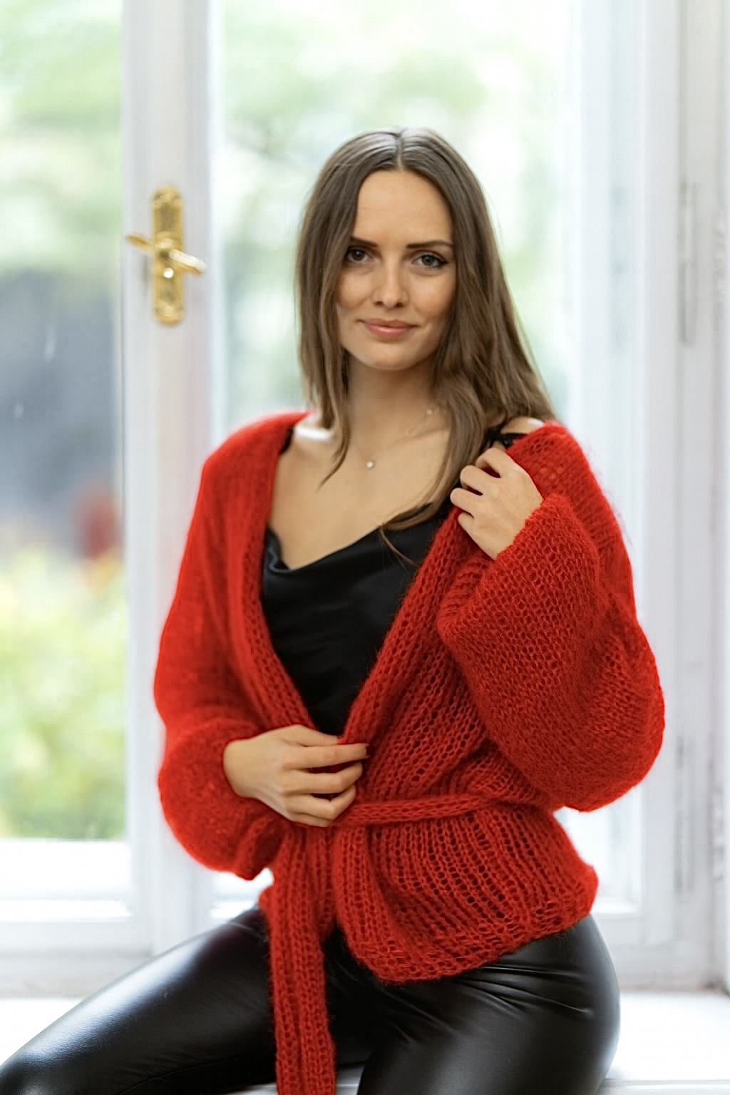 CARDIGAN MOHER S HEDVÁBÍM V ČERVENÉ