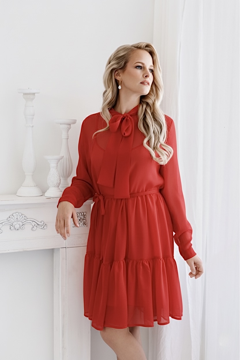 HEDVÁBNÉ ŠATY MABEL S MAŠLÍ V ČERVENÉ